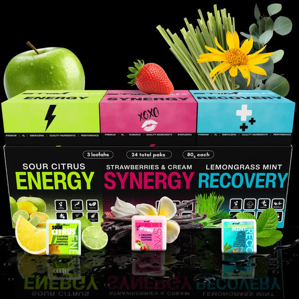 Triple Pak StimPak product packaging with various ingredients on a reflective surface.