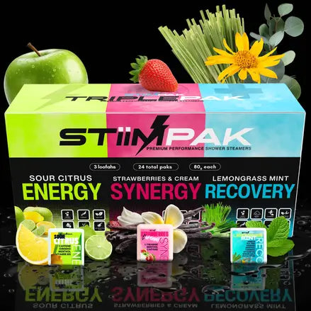 Triple Stiiin Pak shower steamers packaging with various scents and natural elements on a dark background.