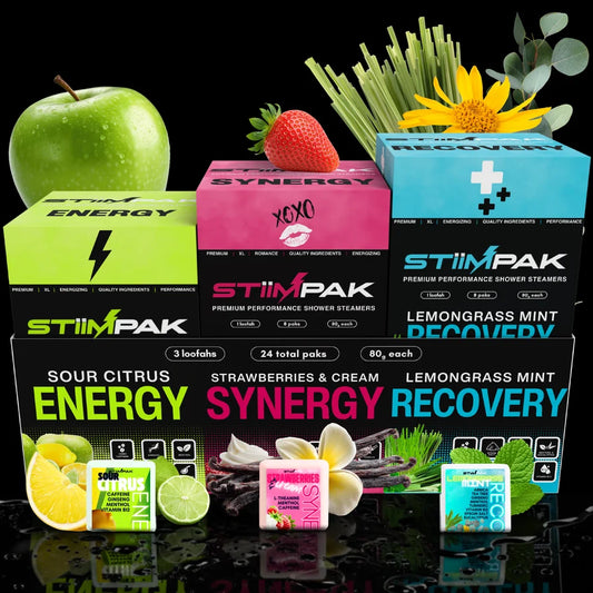 Collection of StiimPak product boxes with various scents and a black background