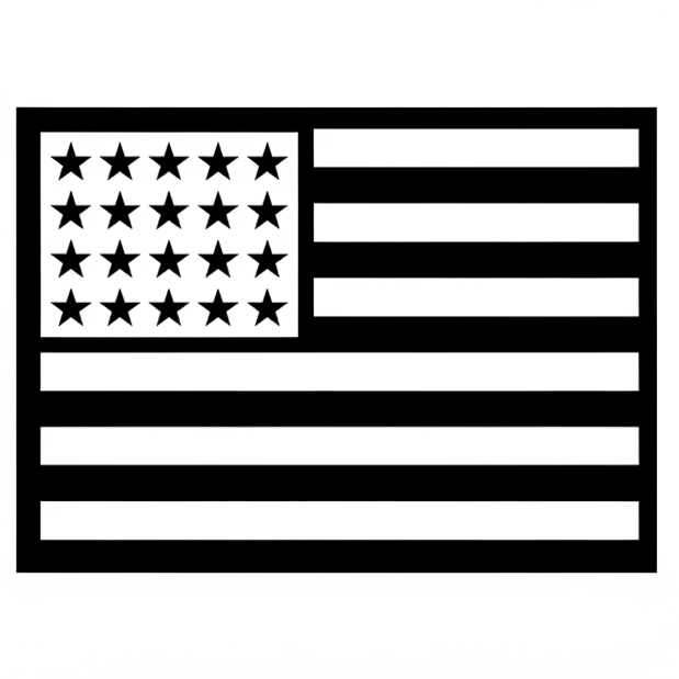 Black and white American flag icon on a white background
