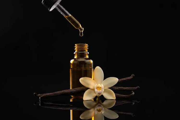 Vanilla extract bottle with a dropper, vanilla bean, and flower on a black background