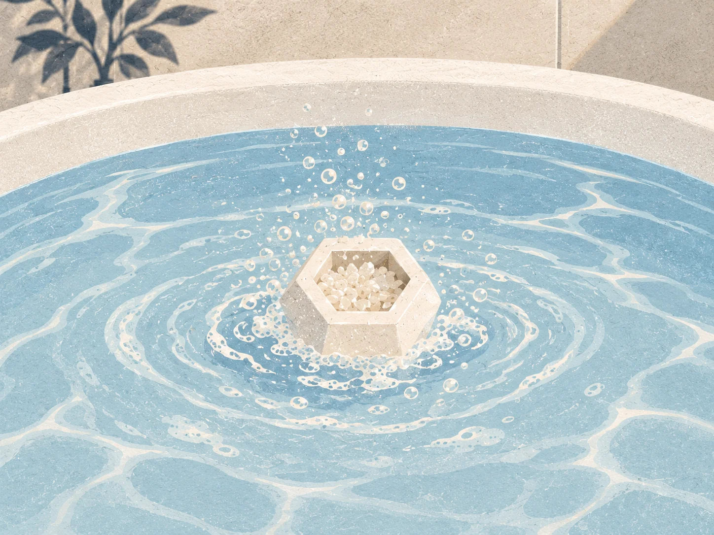 Explanatory illustration of one unwrapped geode dissolving in bath water.