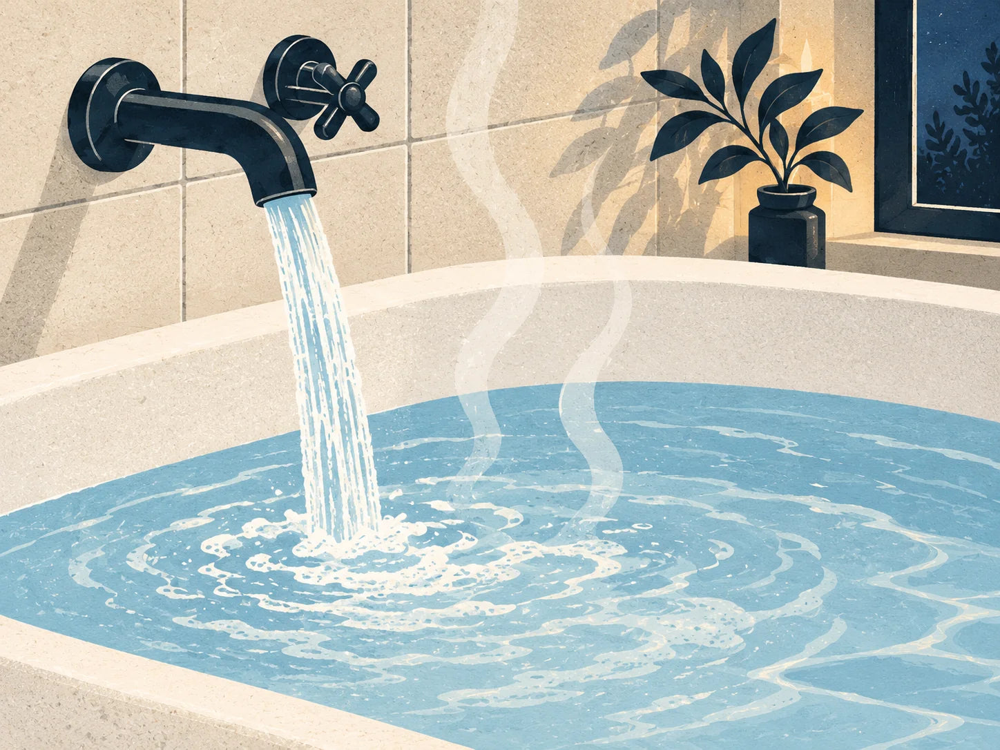 Illustration of a tap filling a bathtub with warm water.