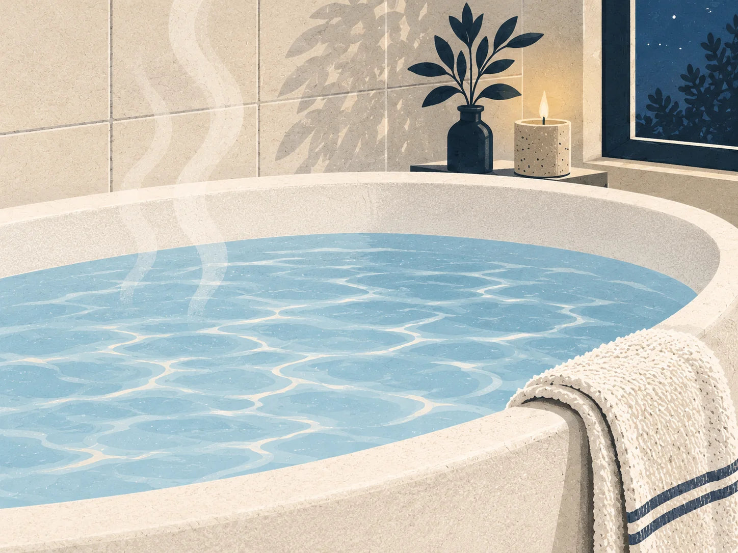 Illustration of a calm bath ready for a soak, with a towel beside it.