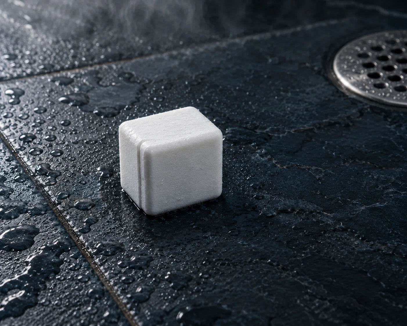 Illustration of a white square shower steamer on a wet slate shower floor.