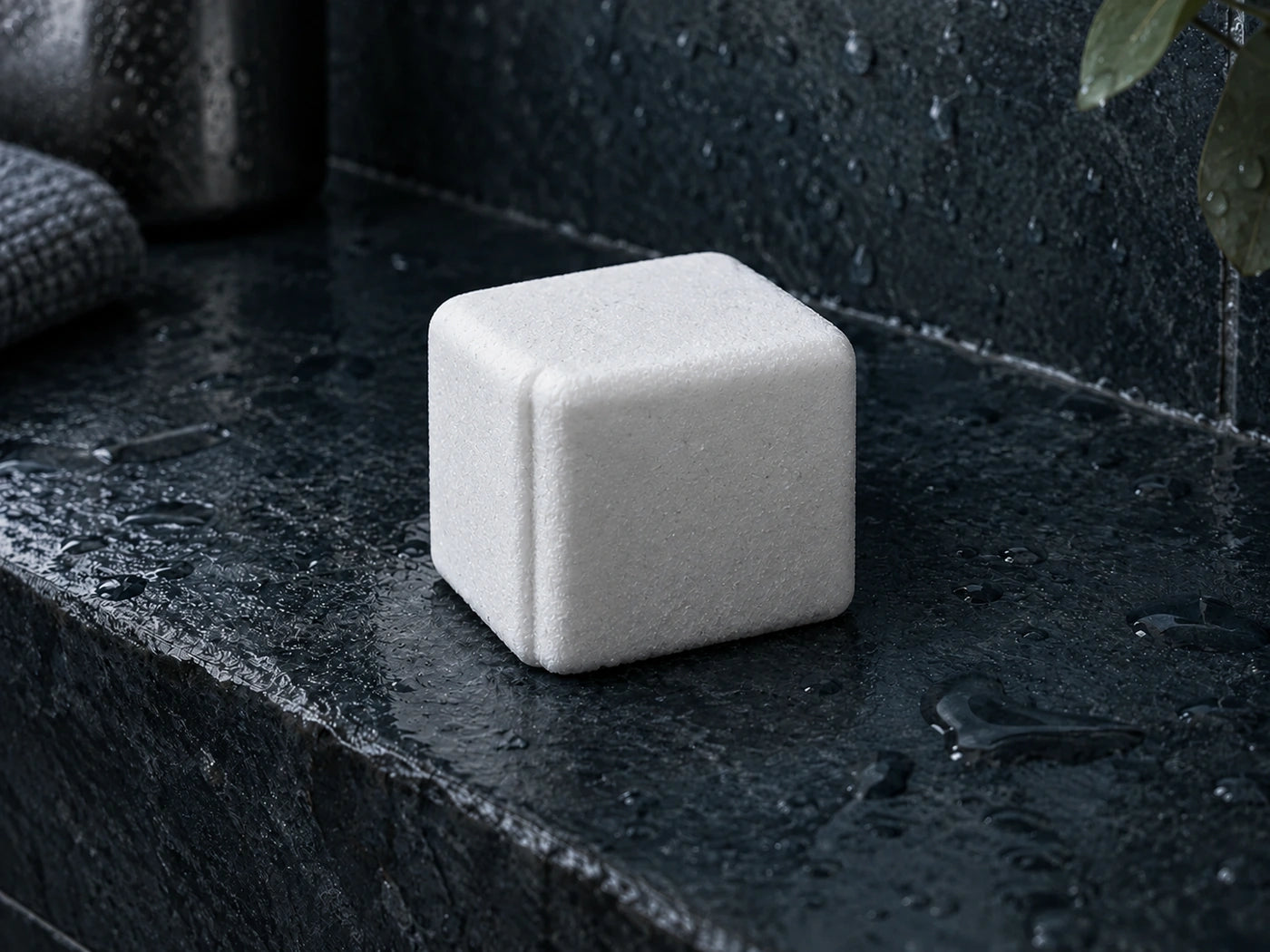 Generated illustration of a white rounded-square shower steamer on wet slate.