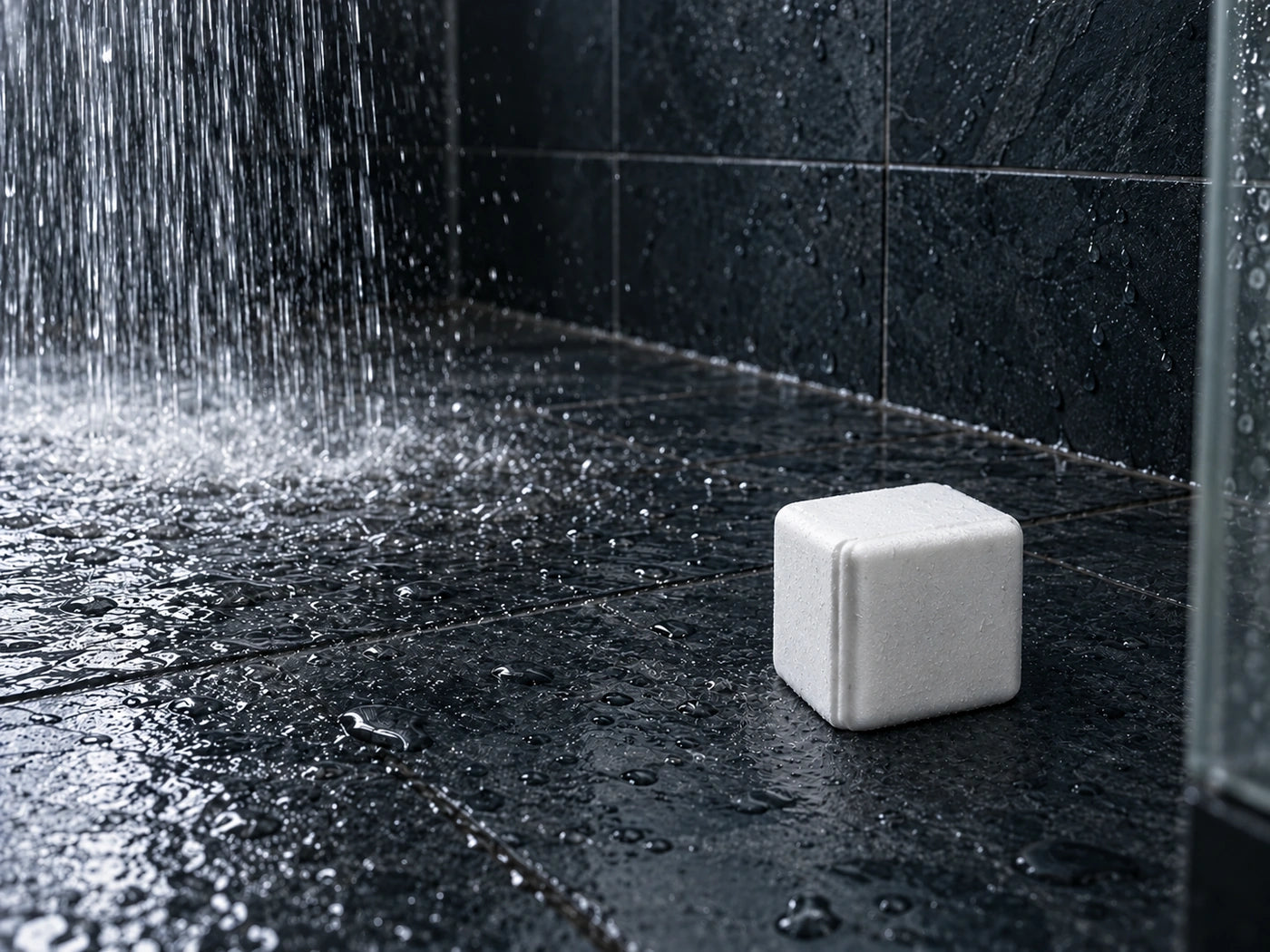 Generated placement illustration: a shower steamer lying on the floor beside the direct water stream.