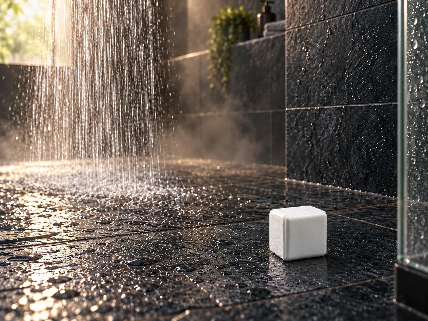 Generated illustration of a shower steamer beside the water stream in a softly misted shower.